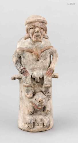 Präkolumbianische Keramikfigur, Gefäß mit sitzender, männlicher Figur über