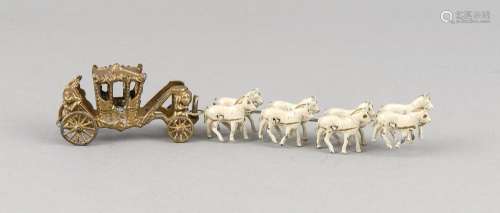 Eight-horse miniature horse-drawn carriage, c. 1900, pewter casting, gold a