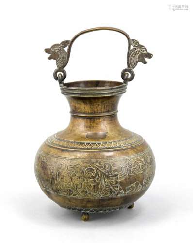 Persian Casket, 19./20. Century, brass, bulbous Henkelkanne on three stretc