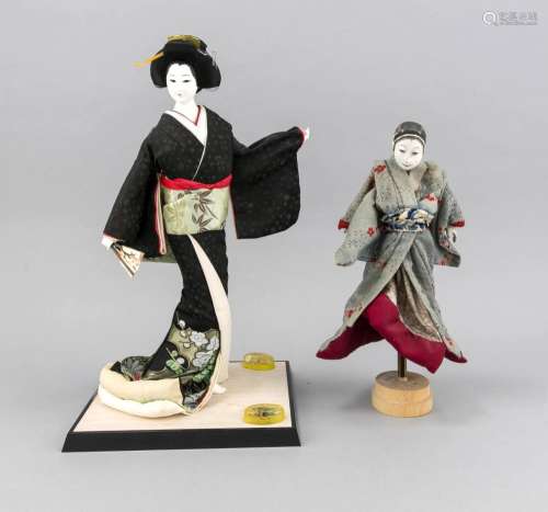 Two Japanese dolls, Japan, 20th century, once geisha in black kimono (h. 45