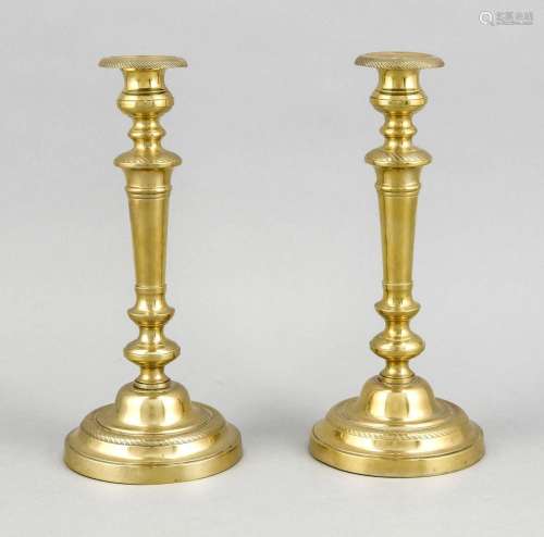 A pair of English candlesticks around 1820, brass polished, removable nozzl