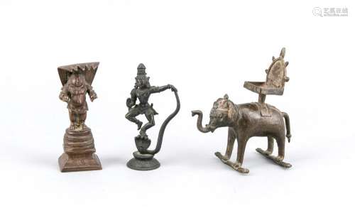 Convolute of three Southeast Asian small bronzes, Krishna on Naga dancing,