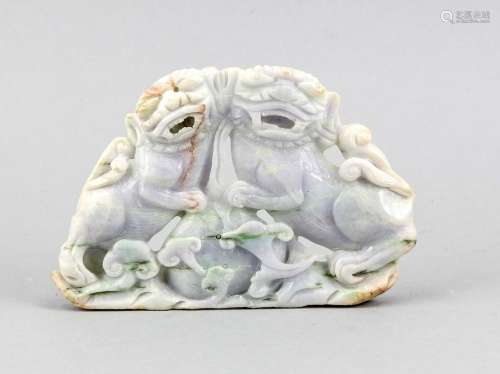Pair of foo-dogs, relief, soapstone, 12 x 18 cm