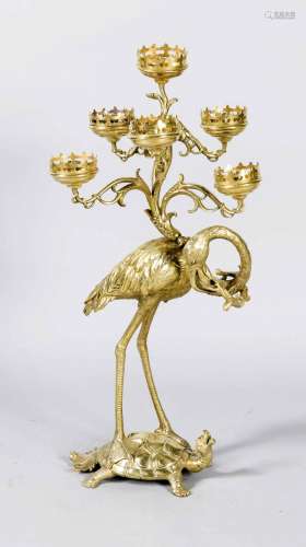 Candlestick, 19th cent., Pelican on turtle with dragon's head, cast brass,