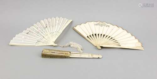 Three assembled folding fans, 19th c., bone sticks partially pieced, one fa