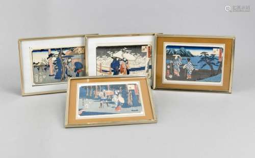 Vier japanische Farbholzschnitte (Ukiyo-e), 19. Jh., gerahmt (18 x 24 cm),