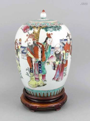A Chinese vase and lid, 19th century, ivory, polychrome palace garden scene