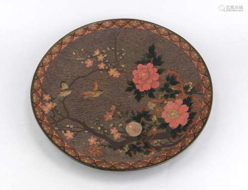 Wall Plate, Asia, 20th Century, Cloisonné Technique, Peonies, Plum Blossom