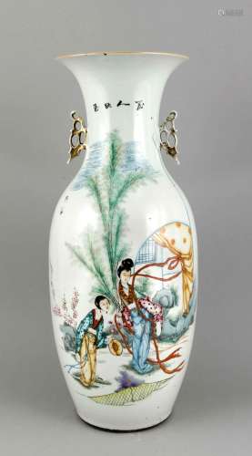Floor vase, China, 20th century, polychrome on-glaze painting, two young wo