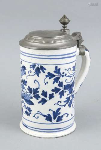 Bierhumpen, 19. Jh., Keramik, hohe, zylindrische Wandung mit unterglasurbla
