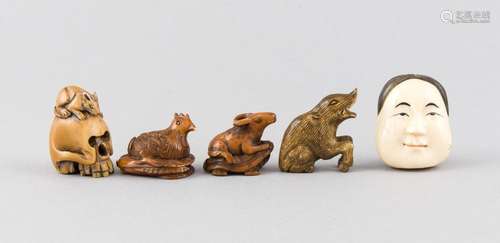 5 Netsuke, Japan, 3 x Buchs, 2 x Bein, bis 4 cm