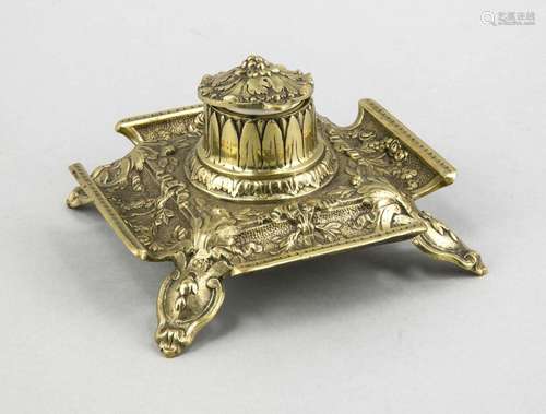 Inkset, end of the 19th century, brass, four-sided floral relief stand with