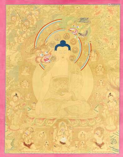 Tibetan Thangka, 20th century, rich gold decoration u. polychrome pigments