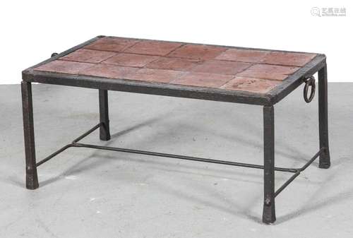 A 19th century side table, wrought iron pedestal with stoneware tile top, 3