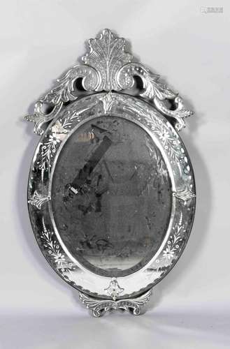 A two-way mirror around 1900, florally cut and etched mirror glass, some el