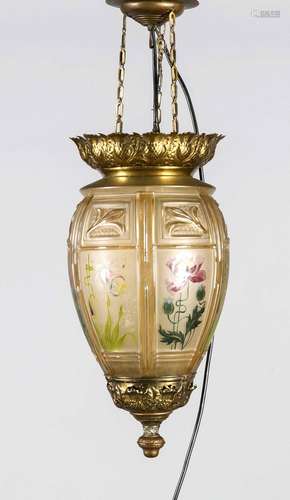 Deckenlampe, um 1900, tonnenförmiger Glaszylinder mit polychromer Glasmaler