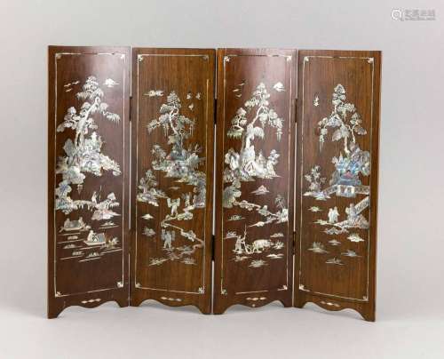 Small screen, China, 19th century, four hardwood panels with engraved and b