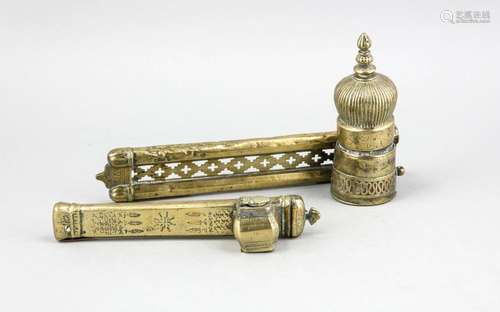 Two oriental travel writing tools, 19th century, brass, each with an elonga