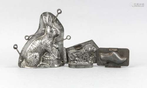 Three 19th-century pewter chocoloate moulds, two-part hollow patterns with