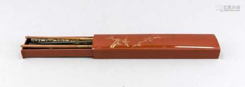 Four pairs of chopsticks in ox blood red lacquer box, China, 3 x 5.5 x 26 c