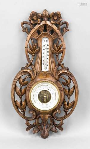 Art Nouveau wall barometer with thermometer in floral carved softwood frame