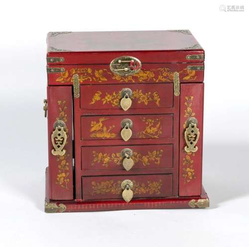 Jewelery cabinet, Asia, end of the 20th century, painted red with printed a