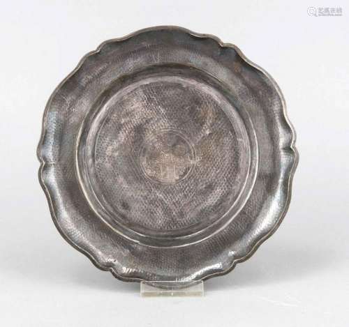 Wrought pewter plate, China (?), Around 1900, mirror and flag martell, in t