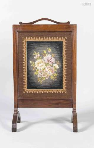 Fireplace screen, 50s/60s, dark wooden frame with woven shade, floral motif