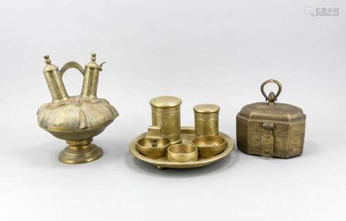 7 pcs. Smoke set, Southeast Asia, 19th century, bronze, 1 flat tray on 3 ba