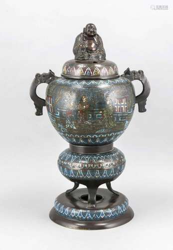 Large Cloisonné Incense Burner, China, 20th Century, Dragon Handling, Lid w