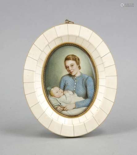 Miniature in oval ivory frame, around 1900, woman with child, chased brass