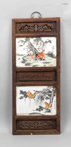 Wall panel with two porcelain plates, Bi Yuanming (1907-1991), China, ename