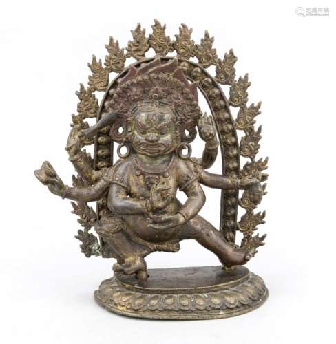 Chag Drugpa (six-armed Mahakala), cast bronze, Tibet, on a lotus base, back