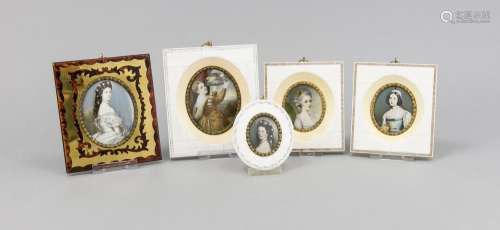 5 Miniaturen, Haffke, vier x Bein, davon einmal oval, zwei mit Perlmutt-Ein