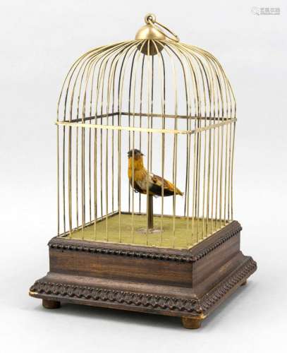 An early 20th-century songbird automaton, brass cage on oak base, bird with