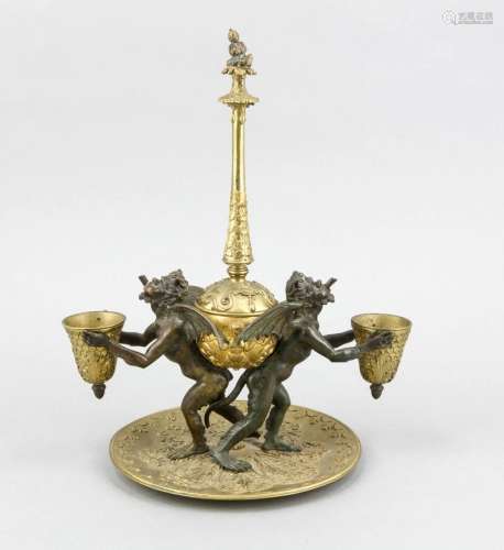 An exceptional ormolu oillamp around 1850, patinated, circular plate with f