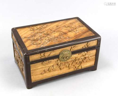 Small wooden chest, Asia, 20th cent., Cedar wood, with carvings (birds in t