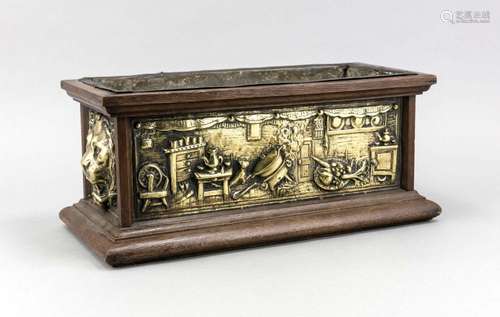 Flower tub, 19./20. Century, wood and embossed sheet brass, lions on the si