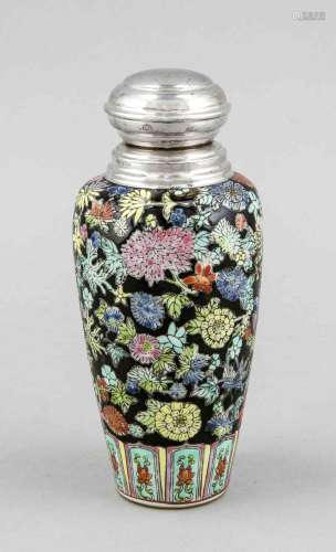 Small Famille-Noir Vase with White Metal Lid, China, Mid-20th Century, Flor
