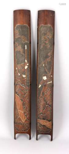 Pair of bamboo panels, Japan, around 1900, with ivory, mother-of-pearl and