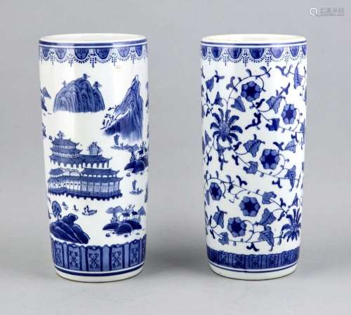 Two blue-and-white vases, China, 20th century, cylindrical shape, once flor