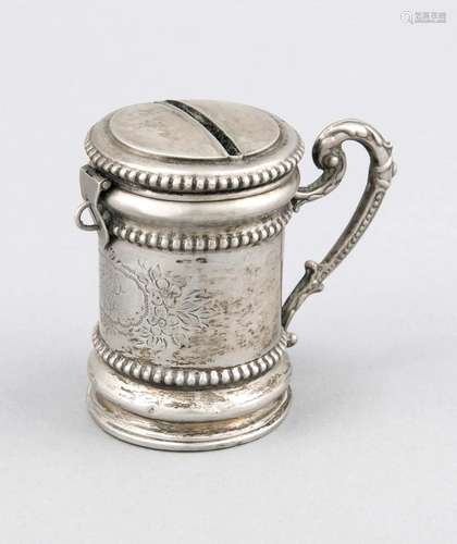 Money box in the shape of a lidded tankard, German, around 1900, silver 800