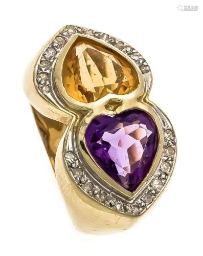 Amethyst citrine ring GG 585/000, with a heart cut fac. Amethyst and citrin