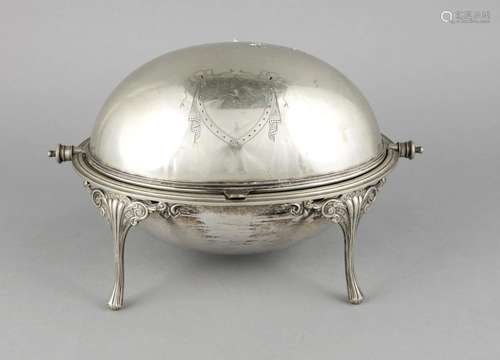 Oval warming holding bowl, England, early 20th century, plated, on 4 legs,