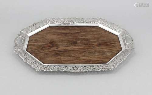 Octagonal wooden tray with metal mounting, 20th century, plated, sidely han