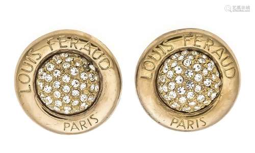 Louis Feraud ear clips, gold plated, set with round fac. White rhinestones,