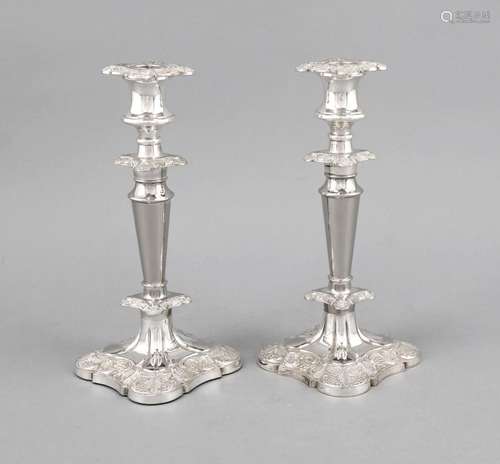 Pair of candlesticks, England, 20th century, plated, cambered square stand,