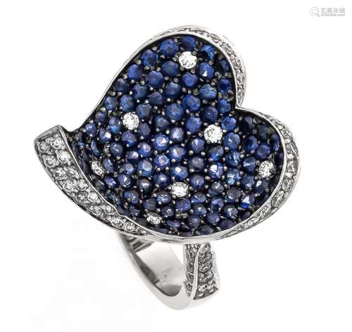 Sapphire diamond ring WG 750/000 with 100 excellent round fac sapphires 2.8