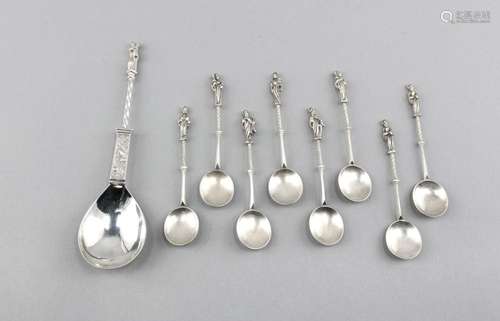 Eight dessert and a serving spoon, around 1900, marked silver, Dutch testin