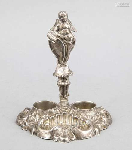 Inkstand, around 1900, silver tested, curved shape, shell relief decoration